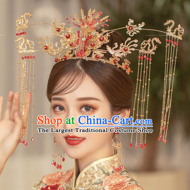 Traditional Chinese Handmade Golden Tassel Phoenix Crown Hairpins Ancient Bride Hair Accessories for Women