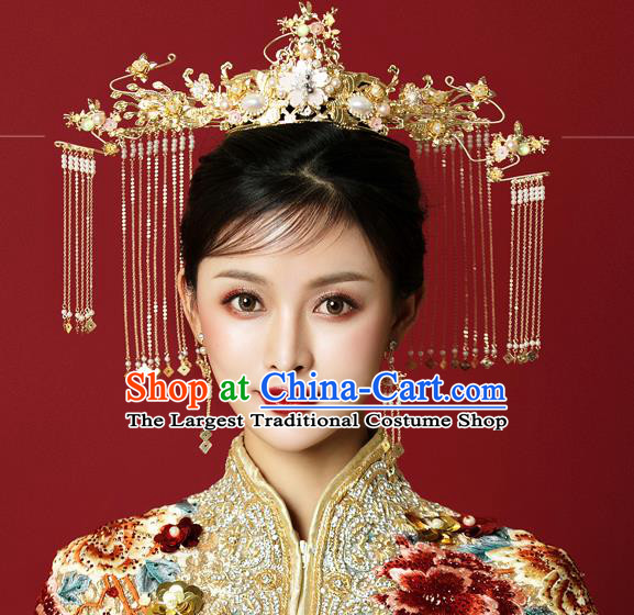 Traditional Chinese Wedding Golden Phoenix Coronet Hairpins Handmade Ancient Bride Hair Accessories for Women