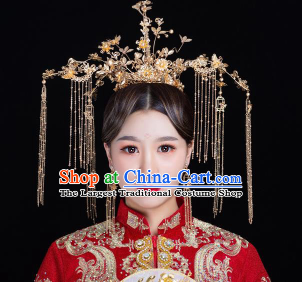 Traditional Handmade Chinese Wedding Golden Tassel Coronet Hairpins Ancient Bride Hair Accessories for Women