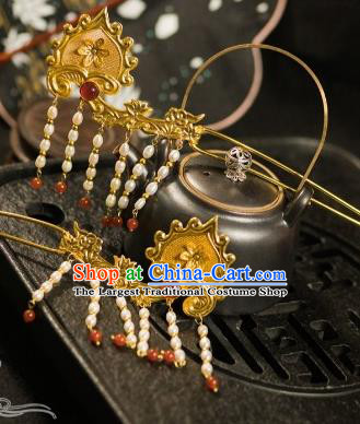 Chinese Traditional Tang Dynasty Court Pearls Tassel Hairpins Handmade Ancient Royal Empress Hair Accessories for Women