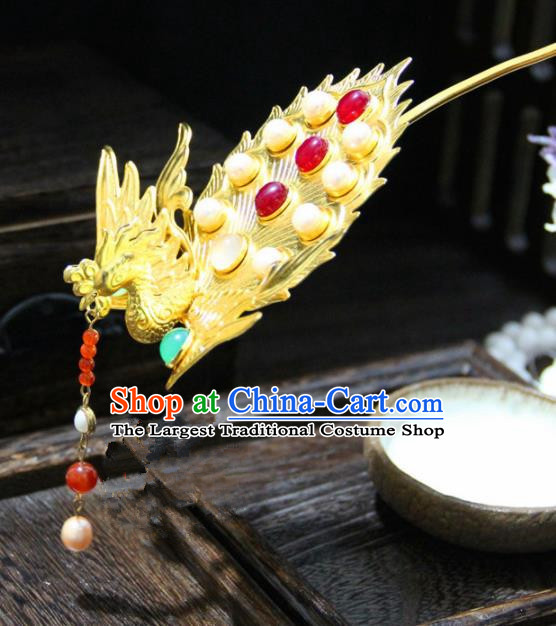 Chinese Traditional Ming Dynasty Princess Golden Phoenix Hairpins Handmade Ancient Royal Empress Hair Accessories for Women