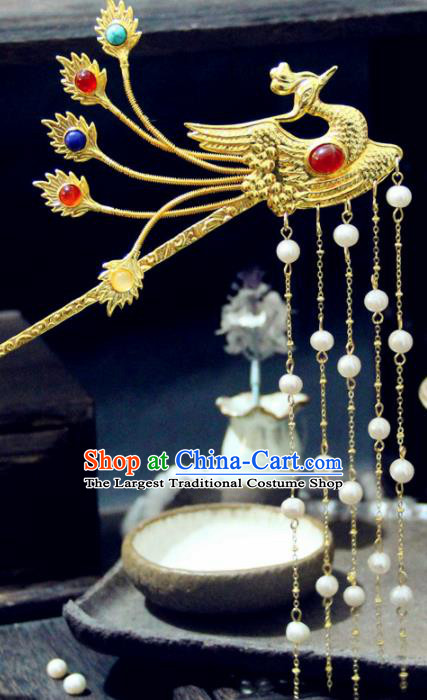 Chinese Traditional Tang Dynasty Golden Phoenix Hairpin Handmade Ancient Royal Empress Hair Accessories for Women