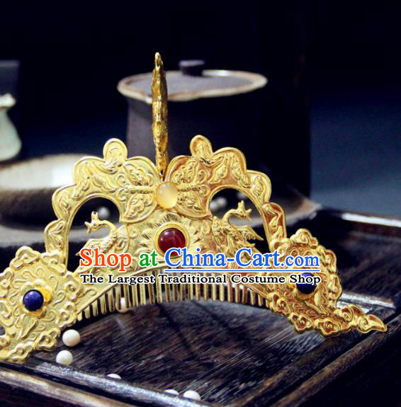 Chinese Traditional Tang Dynasty Golden Gem Hair Comb Hairpin Handmade Ancient Royal Empress Hair Accessories for Women