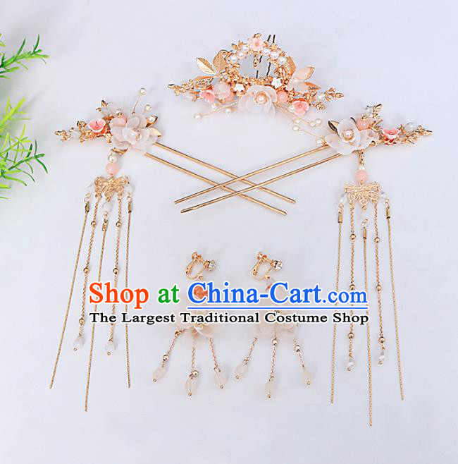 Traditional Chinese Hanfu Peach Blossom Hair Comb Hairpins Handmade Ancient Princess Hair Accessories Complete Set for Women