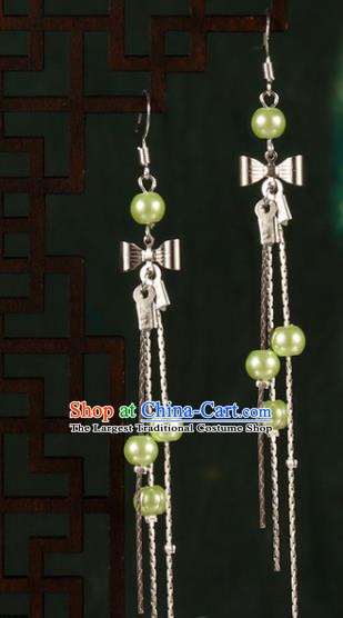 Chinese Traditional Hanfu Green Beads Bowknot Earrings Ancient Fairy Ear Accessories for Women