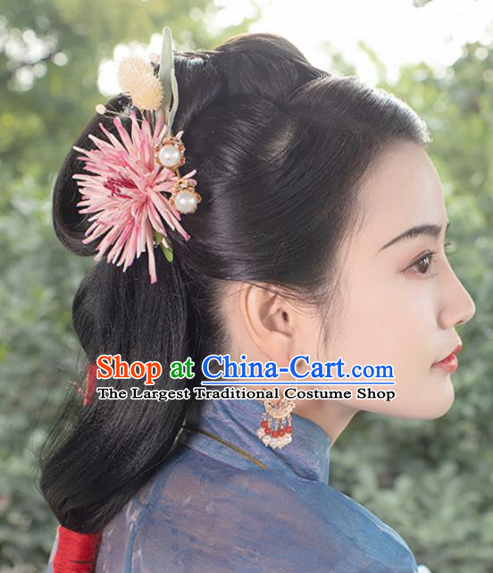 Chinese Traditional Ming Dynasty Queen Pink Chrysanthemum Hairpin Hairpins Ancient Empress Hair Accessories for Women