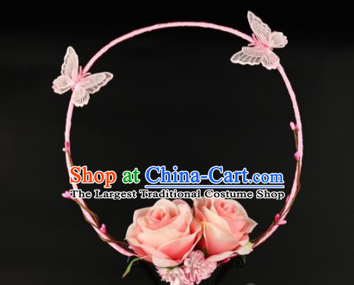 Traditional Chinese Hanfu Pink Butterfly Palace Fan Handmade Ancient Princess Wedding Fans for Women