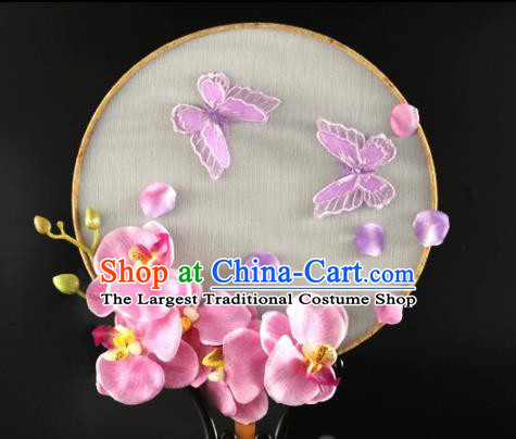 Traditional Chinese Hanfu Lilac Phalaenopsis Palace Fan Handmade Ancient Princess Wedding Fans for Women