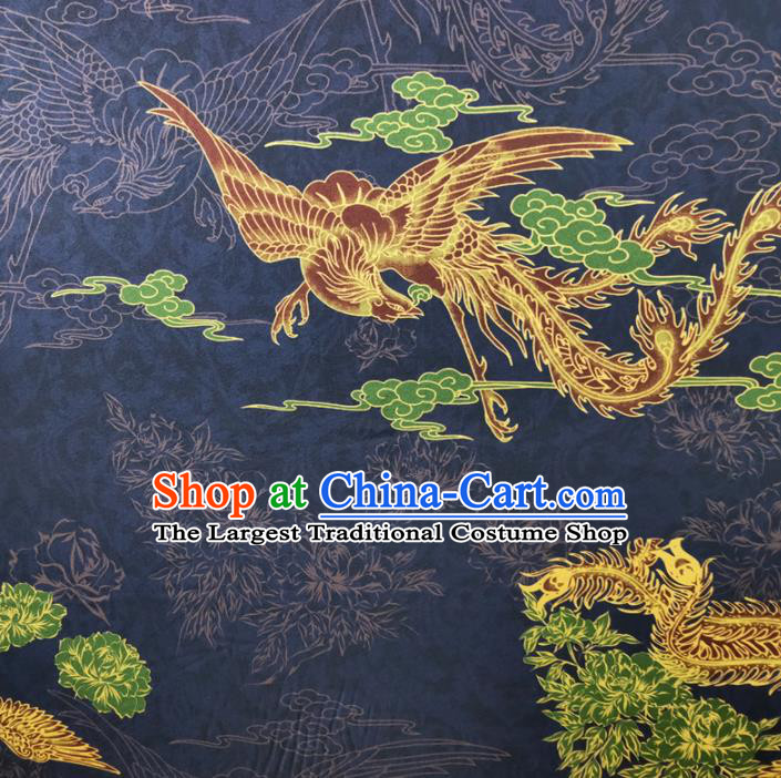 Chinese Traditional Phoenix Pattern Navy Silk Fabric Mulberry Silk Fabric Hanfu Dress Material