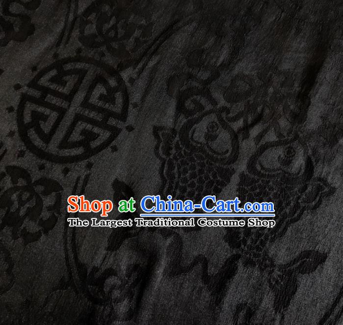 Chinese Traditional Double Fishes Pattern Black Silk Fabric Mulberry Silk Fabric Hanfu Dress Material