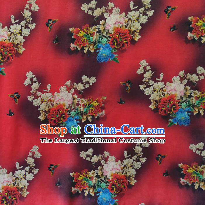 Chinese Traditional Magnolia Peony Pattern Red Silk Fabric Mulberry Silk Fabric Hanfu Dress Material