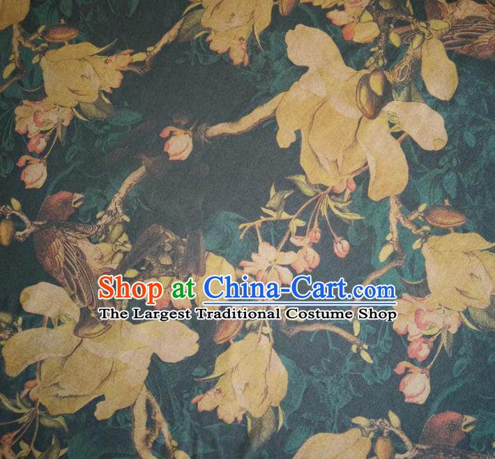 Chinese Traditional Magnolia Pattern Atrovirens Silk Fabric Mulberry Silk Fabric Hanfu Dress Material