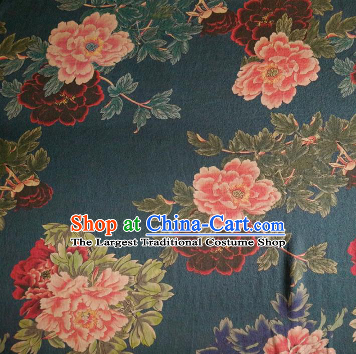 Chinese Traditional Peony Pattern Deep Blue Silk Fabric Mulberry Silk Fabric Hanfu Dress Material