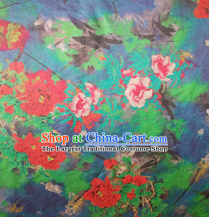 Chinese Traditional Peony Pattern Navy Blue Silk Fabric Mulberry Silk Fabric Hanfu Dress Material