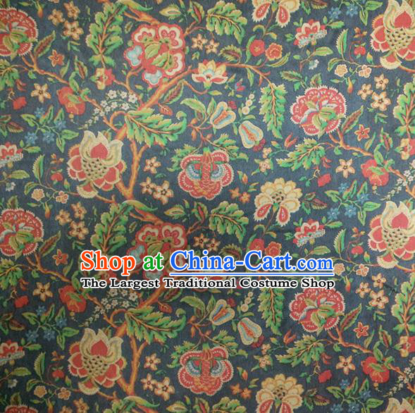 Chinese Traditional Twine Flowers Pattern Navy Silk Fabric Mulberry Silk Fabric Hanfu Dress Material