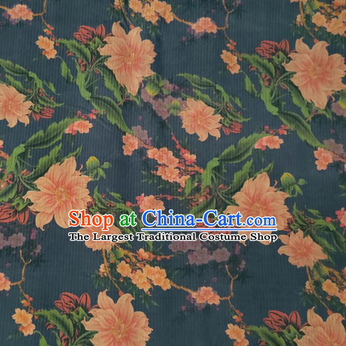 Chinese Traditional Plum Peony Pattern Navy Silk Fabric Mulberry Silk Fabric Hanfu Dress Material