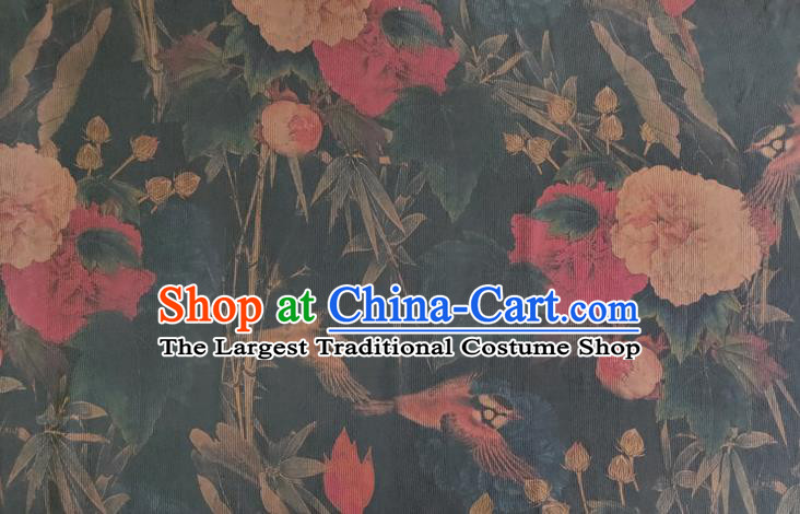 Chinese Traditional Bamboo Peony Pattern Navy Silk Fabric Mulberry Silk Fabric Hanfu Dress Material