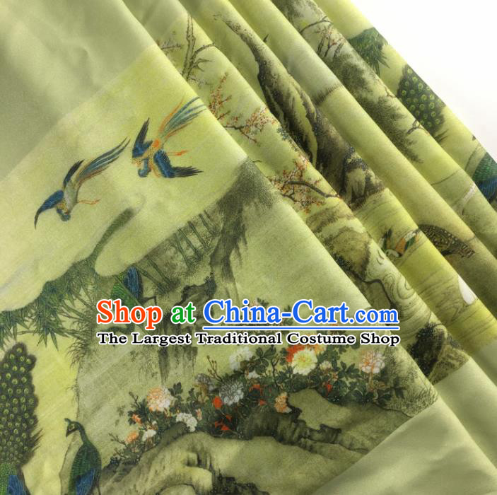 Chinese Traditional Classical Peach Blossom Pattern Green Flax Fabric Silk Fabric Hanfu Dress Material