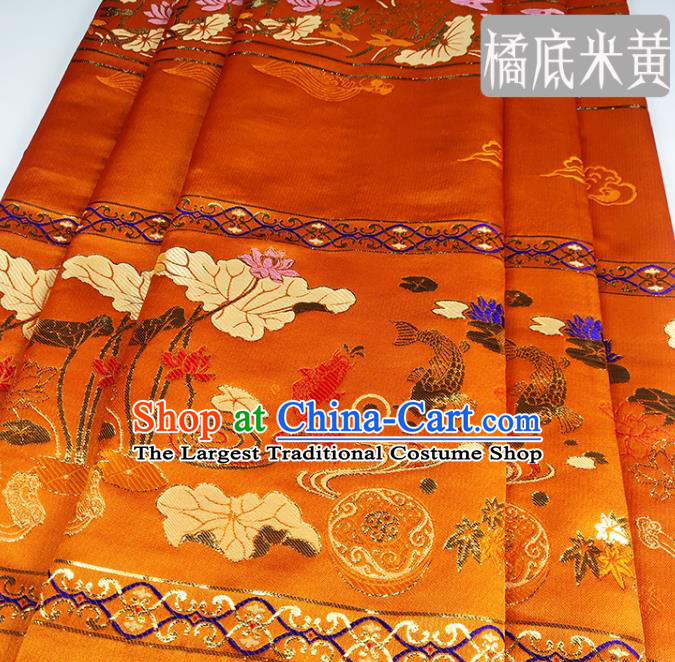 Chinese Traditional Lotus Fishes Pattern Orange Brocade Fabric Silk Satin Fabric Hanfu Material