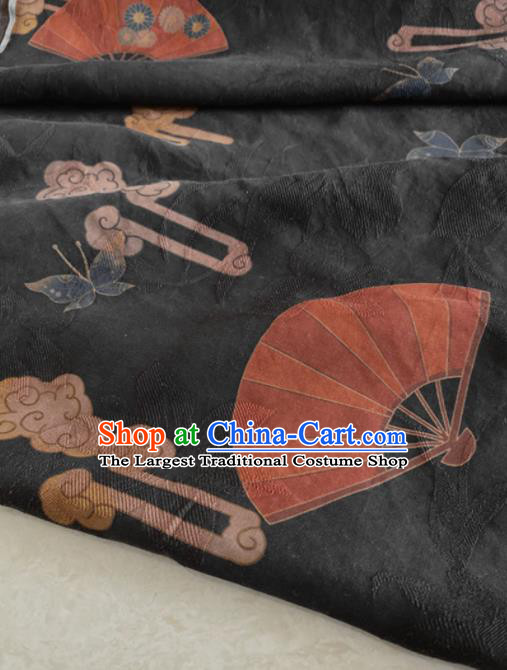 Chinese Traditional Butterfly Fan Pattern Black Silk Fabric Hanfu Gambiered Guangdong Gauze Material