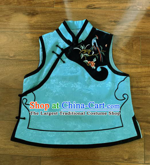 Chinese Traditional Embroidered Blue Silk Vest Tang Suit Waistcoat for Women