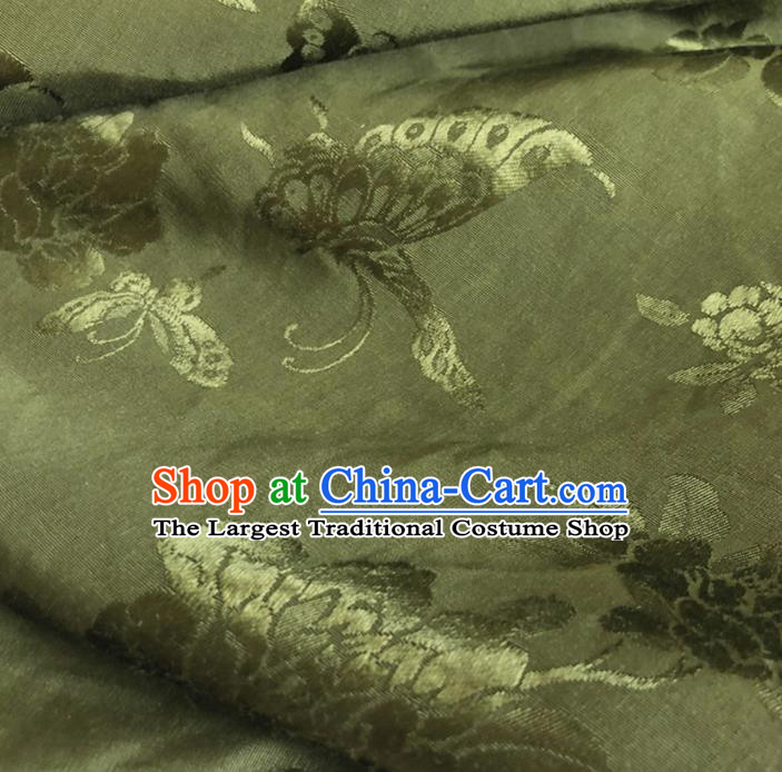 Chinese Traditional Butterfly Peony Pattern Olive Green Silk Fabric Hanfu Brocade Material