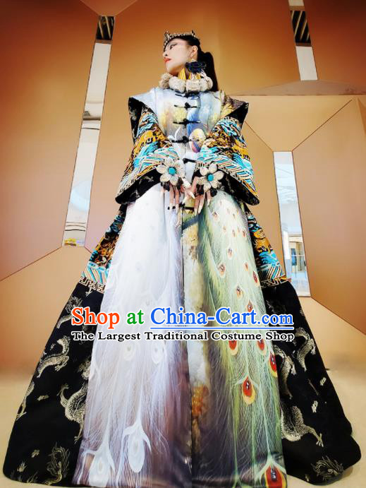 Chinese Traditional National Printing Peacock Coat Tang Suit Cotton Padded Clothing for Women