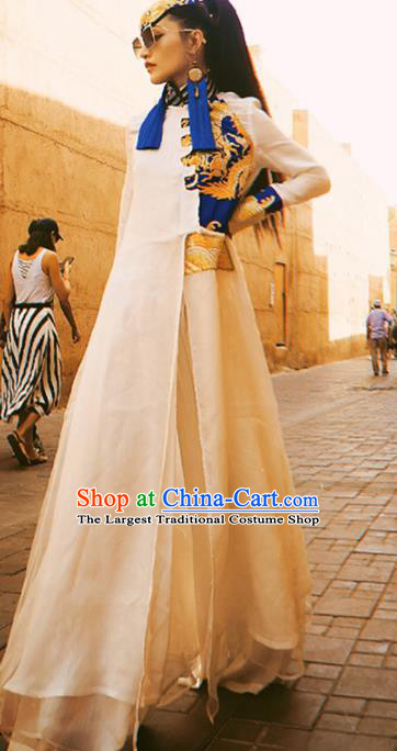 Chinese Traditional National Embroidered White Qipao Dress Tang Suit Cheongsam Costume for Women