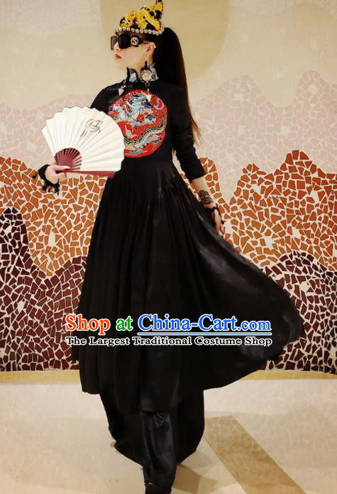 Chinese Traditional National Embroidered Black Qipao Dress Tang Suit Cheongsam Costume for Women