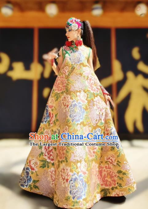 Chinese Traditional National Printing Peony Yellow Brocade Qipao Dress Tang Suit Cheongsam Costume for Women