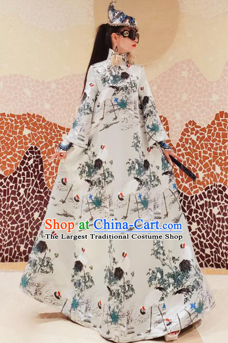 Chinese Traditional National Printing Crane White Brocade Qipao Dress Tang Suit Cheongsam Costume for Women