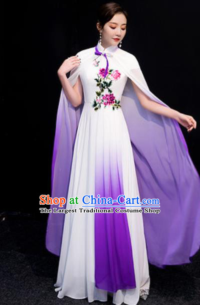 Chinese National Classical Dance Embroidered Purple Qipao Dress Traditional Compere Cheongsam Costume for Women