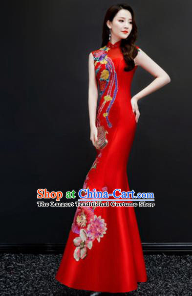 Chinese National Embroidered Red Qipao Dress Traditional Compere Cheongsam Costume for Women