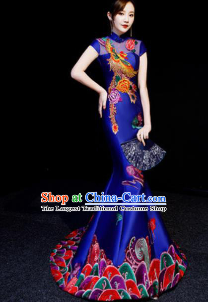 Chinese National Embroidered Phoenix Royalblue Trailing Qipao Dress Traditional Compere Cheongsam Costume for Women