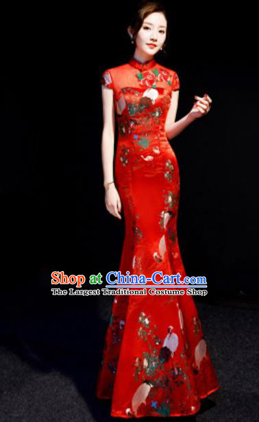 Chinese National Printing Crane Red Brocade Qipao Dress Traditional Compere Cheongsam Costume for Women