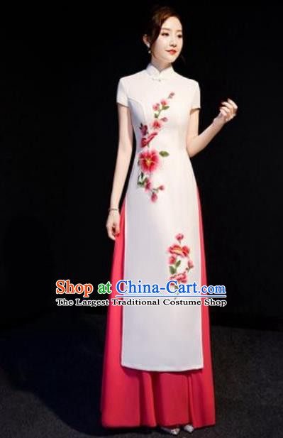 Chinese National Embroidered Peach Blossom White Qipao Dress Traditional Compere Cheongsam Costume for Women