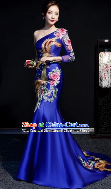 Chinese Compere National Embroidered Phoenix Peony Royalblue Full Dress Traditional Cheongsam Costume for Women