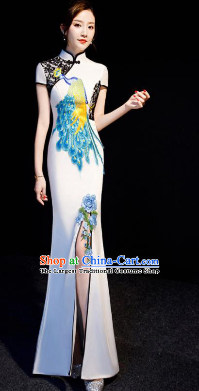 Chinese Traditional Embroidered Peacock White Qipao Dress Spring Festival Gala Compere Cheongsam Costume for Women