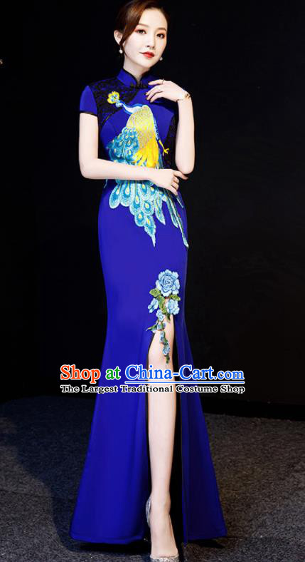 Chinese Traditional Embroidered Peacock Royalblue Qipao Dress Spring Festival Gala Compere Cheongsam Costume for Women