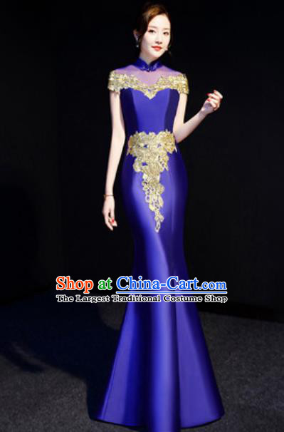 Chinese Traditional Bride Embroidered Royalblue Qipao Dress Spring Festival Gala Compere Cheongsam Costume for Women