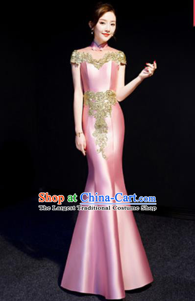 Chinese Traditional Bride Embroidered Pink Qipao Dress Spring Festival Gala Compere Cheongsam Costume for Women