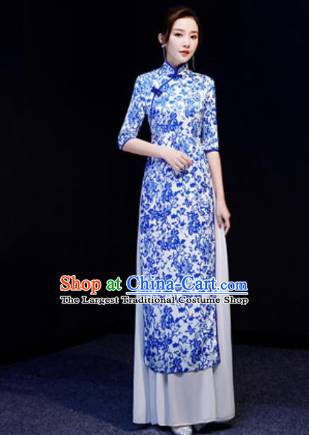 Chinese National Printing Blue Qipao Dress Traditional Compere Cheongsam Costume for Women