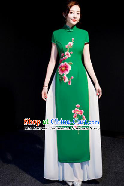 Chinese National Embroidered Peach Blossom Green Qipao Dress Traditional Compere Cheongsam Costume for Women