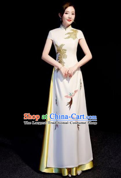 Chinese National Embroidered Birds White Qipao Dress Traditional Compere Cheongsam Costume for Women