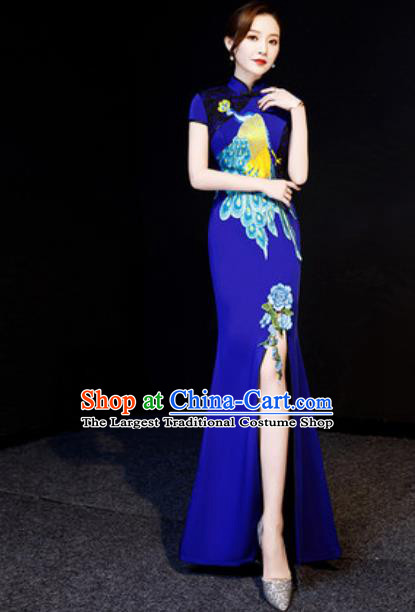 Chinese National Embroidered Peacock Royalblue Qipao Dress Traditional Compere Cheongsam Costume for Women