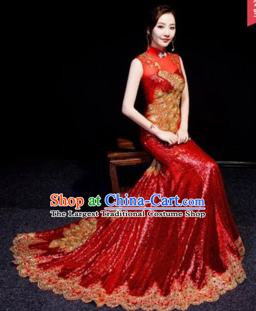 Chinese National Embroidered Peacock Red Trailing Qipao Dress Traditional Compere Cheongsam Costume for Women