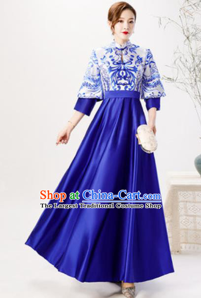 Chinese Compere Royalblue Brocade Full Dress Traditional National Cheongsam Chorus Costume for Women