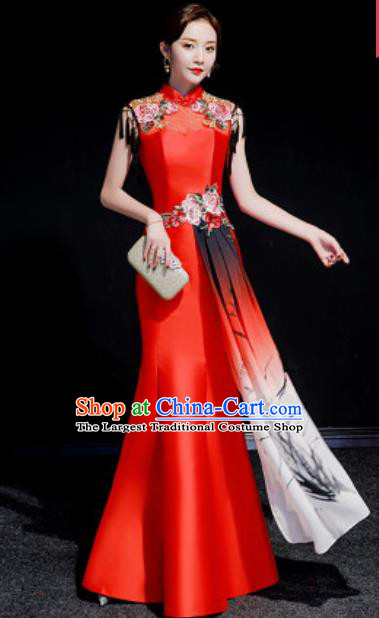 Chinese National Embroidered Red Qipao Dress Traditional Compere Cheongsam Costume for Women