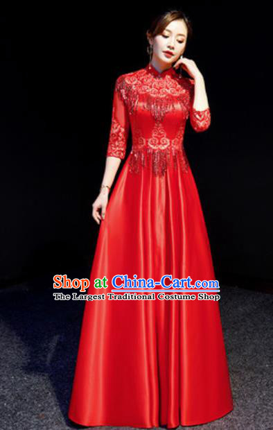 Chinese Chorus Red Tassel Full Dress Traditional National Compere Cheongsam Costume for Women