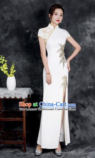 Chinese Chorus White Full Dress Traditional National Compere Cheongsam Costume for Women